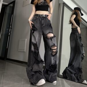 Dark black denim ripped wide leg jeans