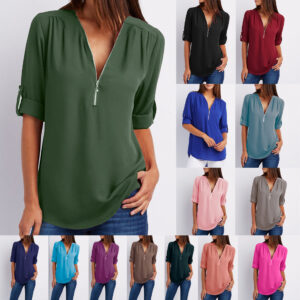 Zip V-neck Short Sleeve Loose Tops