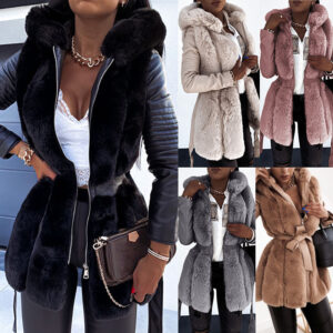 Fur Belt Hooded Zipper Jacket