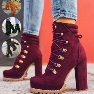 Heeled Boots For Women Round Toe Lace UP High Heels Boots Mid Calf Shoes